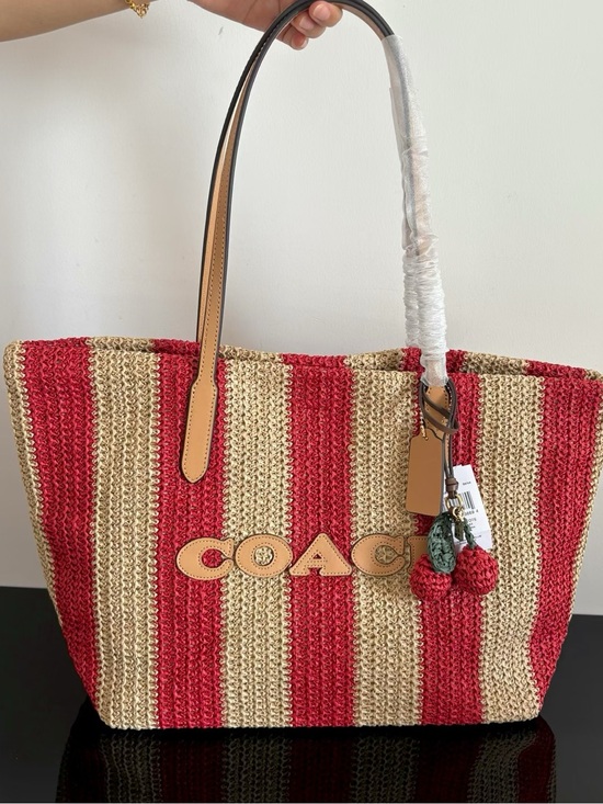 Coach Handbags - Coach Red and Natural Striped Straw Tote with Leather Handles